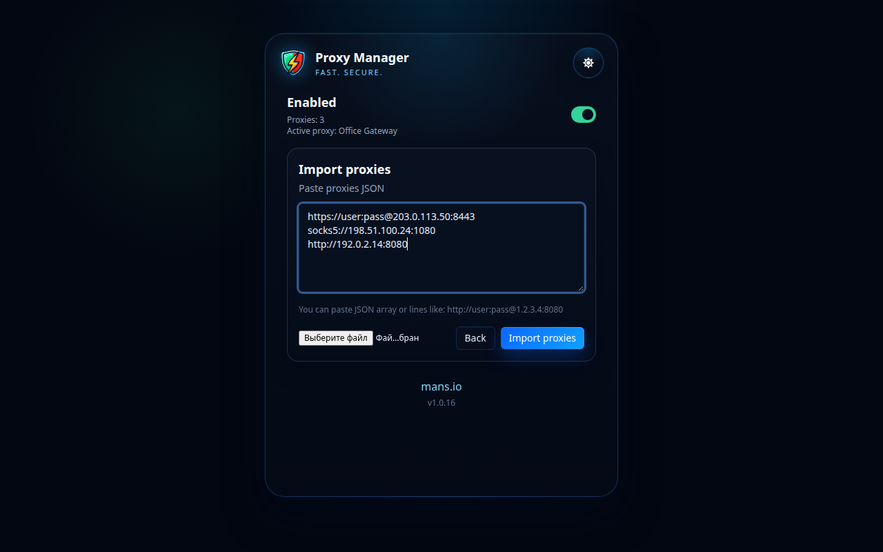 Proxy Manager importskærm